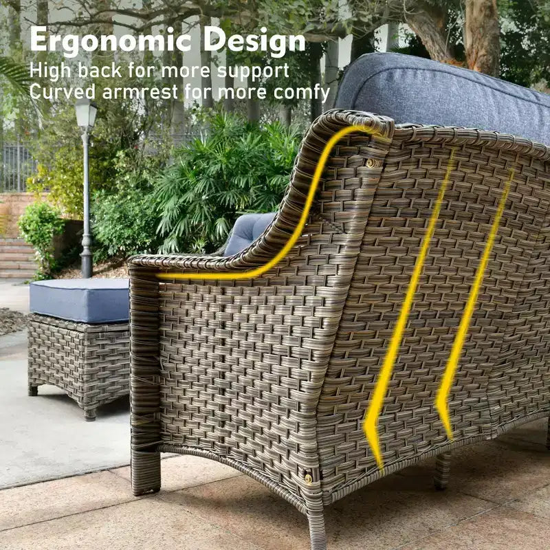 HOMLUX 5 PCS Outdoor Conversation Set 3-Seat Patio Sofa with Cushion, High Back Rattan Chairs, Ottomans