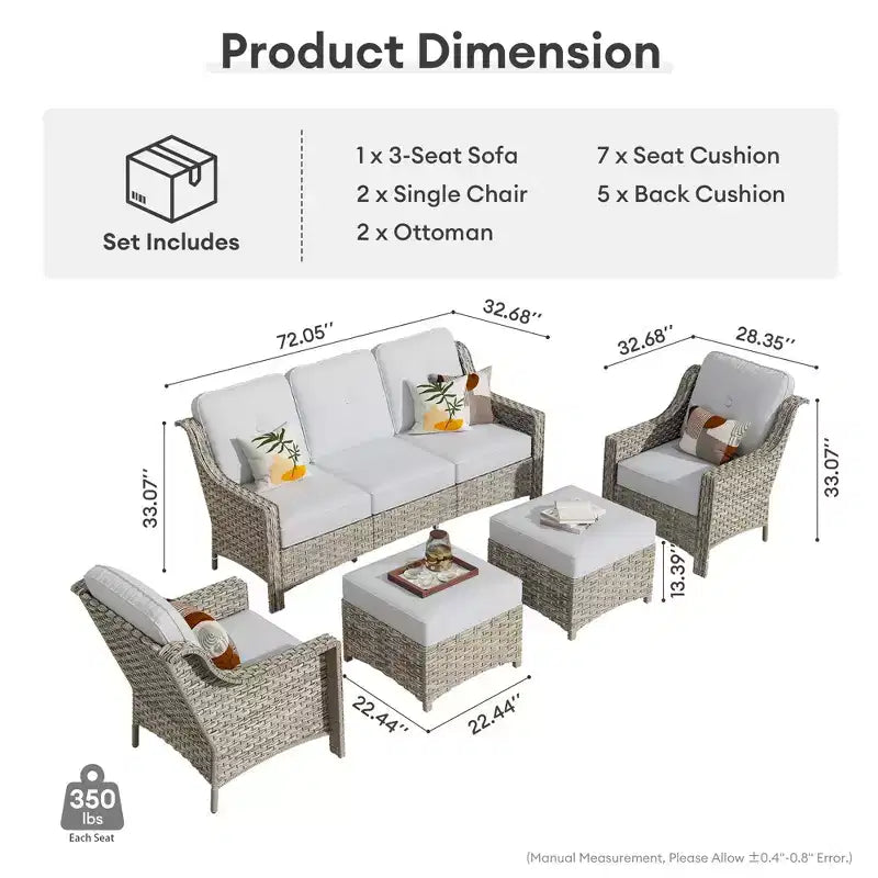 HOMLUX 5 PCS Outdoor Conversation Set 3-Seat Patio Sofa with Cushion, High Back Rattan Chairs, Ottomans
