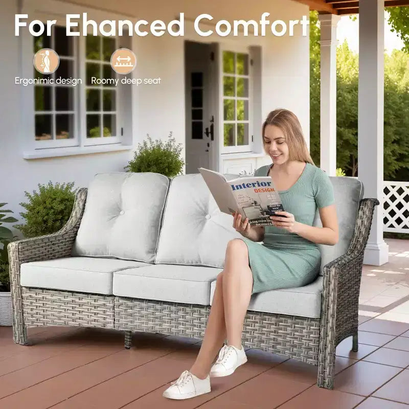HOMLUX 5 PCS Outdoor Conversation Set 3-Seat Patio Sofa with Cushion, High Back Rattan Chairs, Ottomans