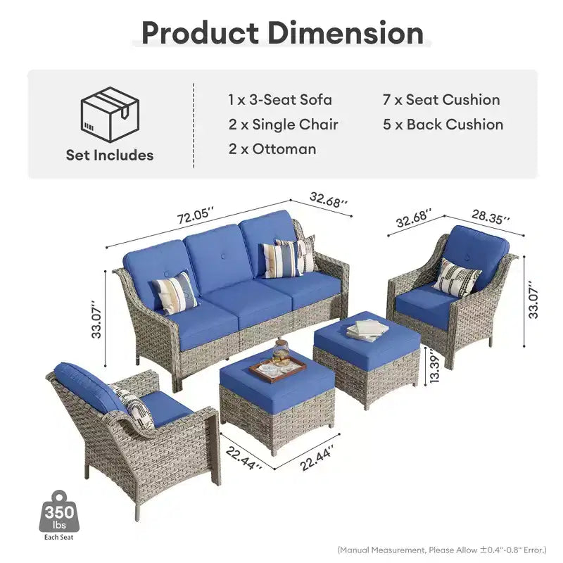 HOMLUX 5 PCS Outdoor Conversation Set 3-Seat Patio Sofa with Cushion, High Back Rattan Chairs, Ottomans