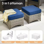 HOMLUX 5 PCS Outdoor Conversation Set 3-Seat Patio Sofa with Cushion, High Back Rattan Chairs, Ottomans