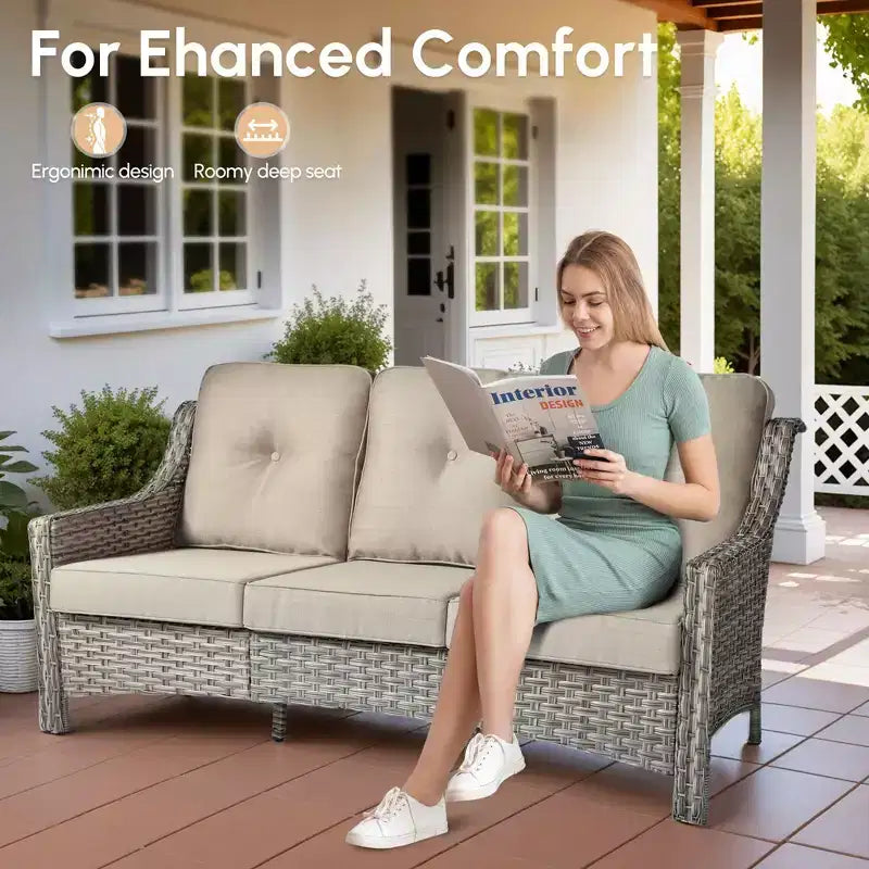 HOMLUX 5 PCS Outdoor Conversation Set 3-Seat Patio Sofa with Cushion, High Back Rattan Chairs, Ottomans
