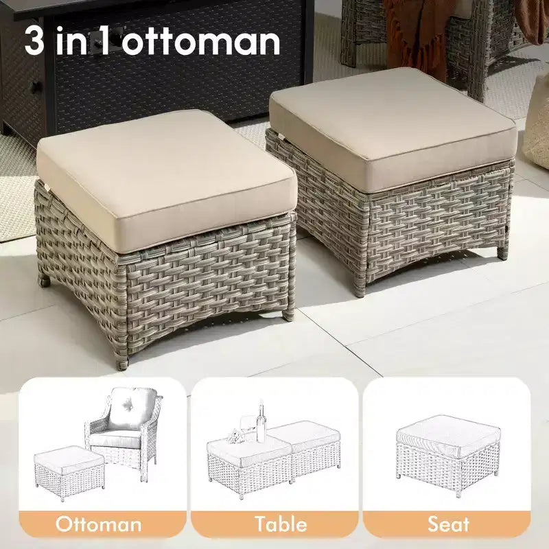 HOMLUX 5 PCS Outdoor Conversation Set 3-Seat Patio Sofa with Cushion, High Back Rattan Chairs, Ottomans