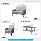 HOMLUX 4 PCS Patio Conversation Set Outdoor Wicker Rattan Chairs & Sofa Set, All Weather, High Back