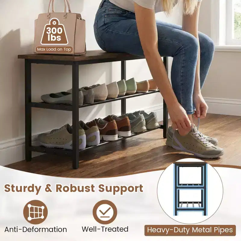 Costway 3-Tier Shoe Rack Bench w/ Heavy Duty Metal Frame & 300 lbs Seat for Hallway
