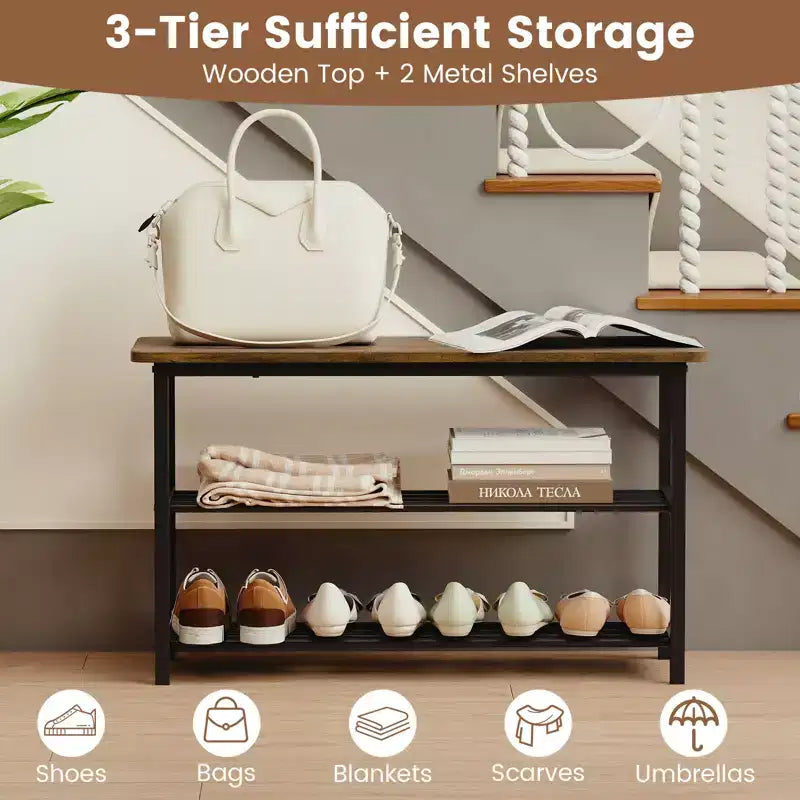 Costway 3-Tier Shoe Rack Bench w/ Heavy Duty Metal Frame & 300 lbs Seat for Hallway