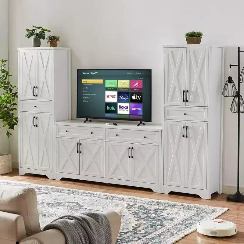 VIYET 68 Multi-Functional Living Room Sideboard, White Particle Board+MDF Storage Cabinet (Anti-Tipping Device for Living Room/Bedroom/Office)