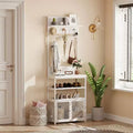31.5 Wooden Hall Tree  Entryway Table with Coat Rack, 2-Tier Shoe Shelf, 7 Hooks & Mesh Cabinet for Foyer or Front Door