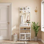 31,5 Arbre de hall en bois, table d'entrée avec porte-manteau, étagère à chaussures à 2 niveaux, 7 crochets et armoire en maille pour hall d'entrée ou porte d'entrée