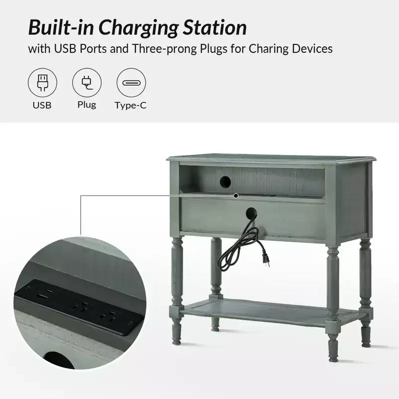 Anton 30 W 2-Drawer End Table with Built-in Charging Station|HULALA HOME