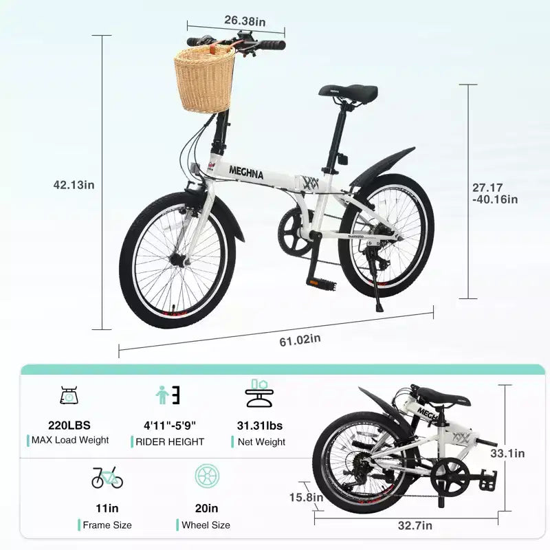 NAYSAYE 20 Inch Folding Bike for Adults with Basket Phone Holder Fenders 6 Speed Steel Frame Dual V Brakes for Men and Women, White, 61*26.38*42.13