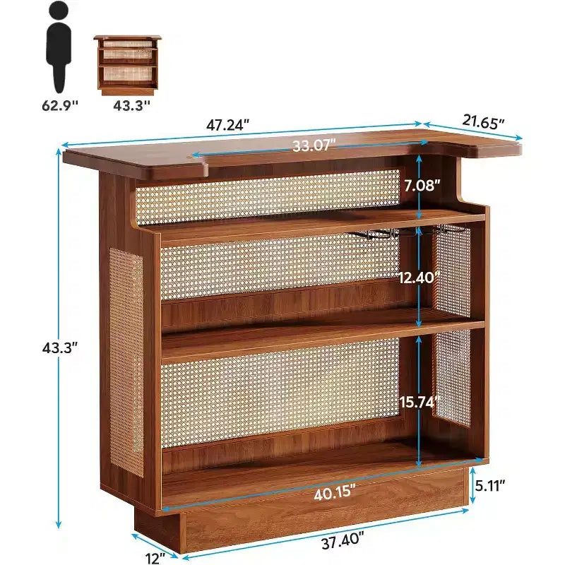 Bar domestique en rotin Lantine, table de bar de ferme à 4 niveaux avec 4 porte-verres à pied, marron caramel