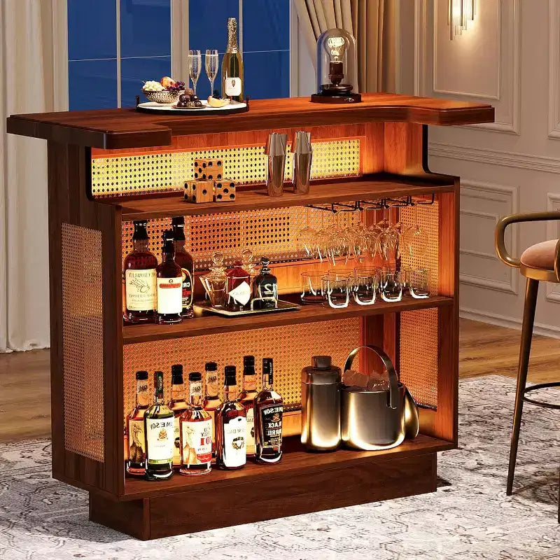 Bar domestique en rotin Lantine, table de bar de ferme à 4 niveaux avec 4 porte-verres à pied, marron caramel