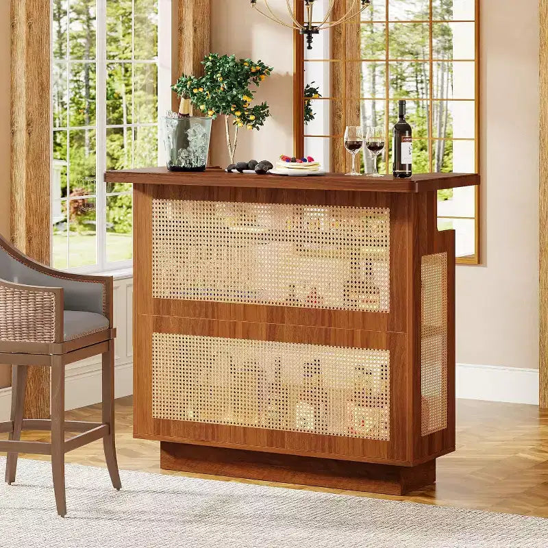 Bar domestique en rotin Lantine, table de bar de ferme à 4 niveaux avec 4 porte-verres à pied, marron caramel