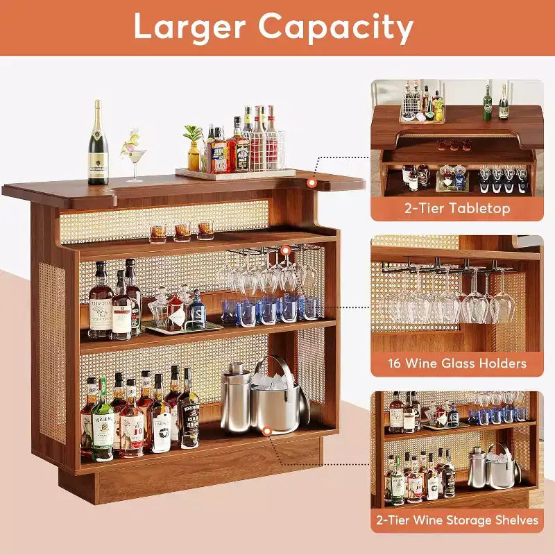 Bar domestique en rotin Lantine, table de bar de ferme à 4 niveaux avec 4 porte-verres à pied, marron caramel