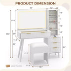 Coiffeuse cannelée de 122 cm avec grand miroir éclairé, station de charge et tabouret de rangement rembourré pour chambre à coucher
