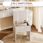 Coiffeuse cannelée de 122 cm avec grand miroir éclairé, station de charge et tabouret de rangement rembourré pour chambre à coucher