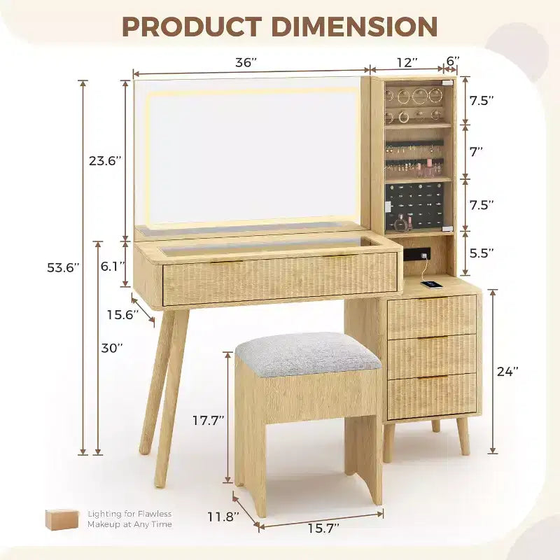 Coiffeuse cannelée de 122 cm avec grand miroir éclairé, station de charge et tabouret de rangement rembourré pour chambre à coucher
