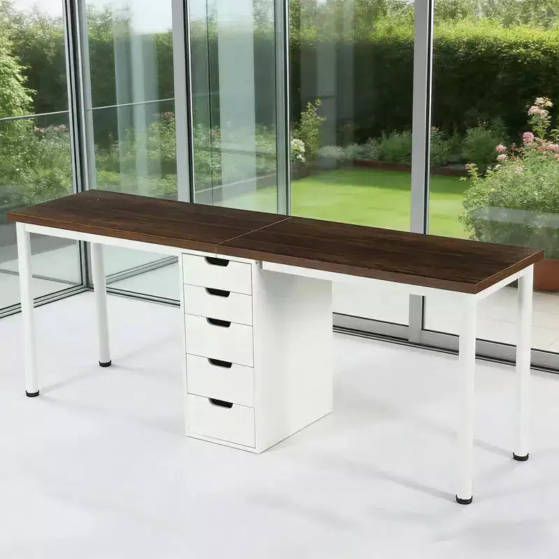 Bureau double, Long bureau d'ordinateur avec 5 tiroirs