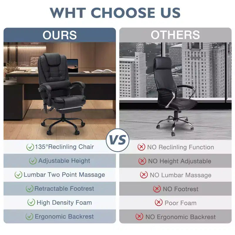 HOFFREE Chaise de bureau ergonomique moyenne avec 7 points de massage, réglable, en similicuir, supporte jusqu'à 136 kg, parfaite pour le bureau à domicile