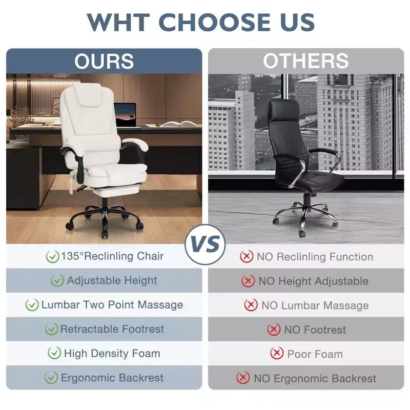 HOFFREE Chaise de bureau ergonomique moyenne avec 7 points de massage, réglable, en similicuir, supporte jusqu'à 136 kg, parfaite pour le bureau à domicile