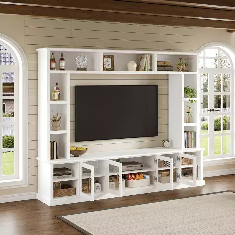 Meuble TV moderne Kaisen de GDFStudio avec étagères et porte en verre trempé
