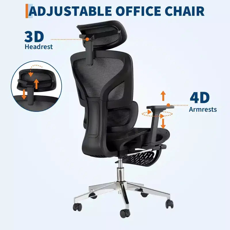 Chaise de bureau ergonomique, chaise de bureau confortable avec support lombaire haut et accoudoirs réglables en 3D, chaise pivotante pour le travail, les études, les jeux