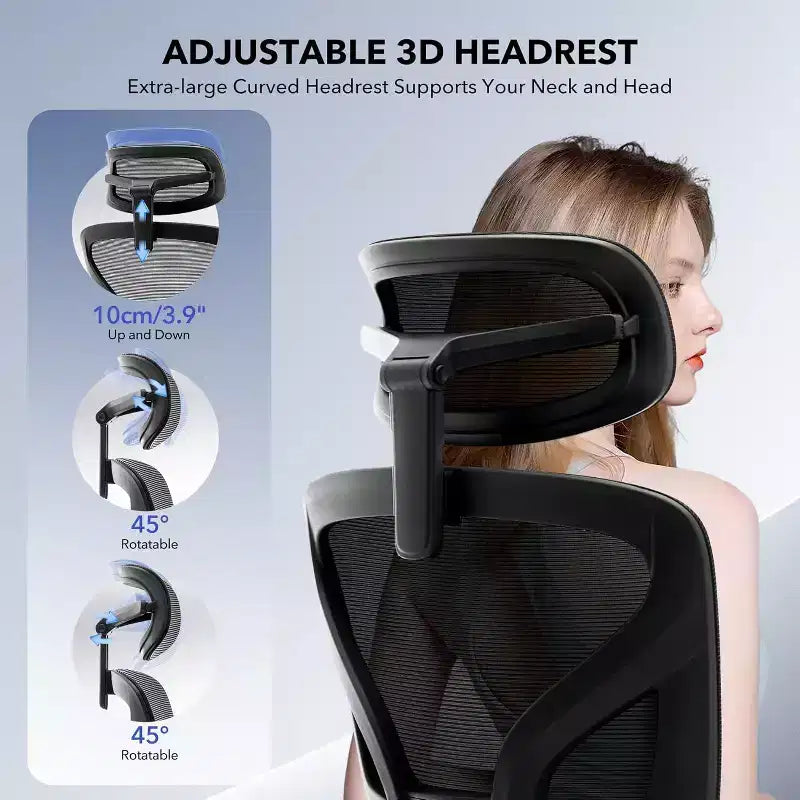 Chaise de bureau avec support lombaire réglable Chaise de bureau et de jeu à dossier haut avec accoudoirs 3D, appui-tête et roulettes pivotantes Chaise en maille confortable