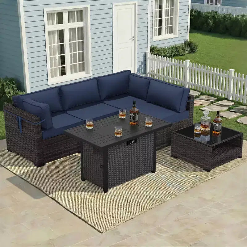 UPTIOT 4-Piece Patio Set: Corner Sofa, Grey Fire Pit Table & Tempered Glass Coffee Table for Ultimate Outdoor Relaxation
