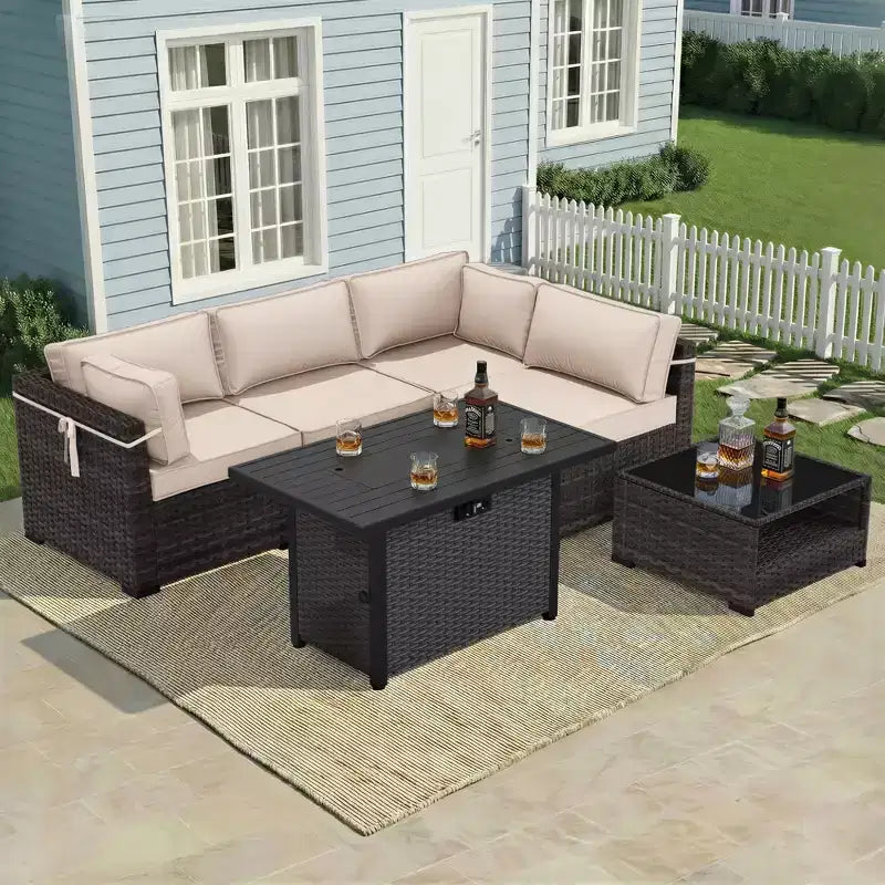 UPTIOT 4-Piece Patio Set: Corner Sofa, Grey Fire Pit Table & Tempered Glass Coffee Table for Ultimate Outdoor Relaxation