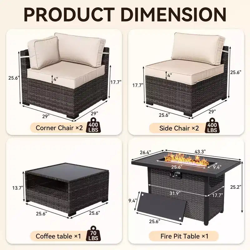 UPTIOT 4-Piece Patio Set: Corner Sofa, Grey Fire Pit Table & Tempered Glass Coffee Table for Ultimate Outdoor Relaxation
