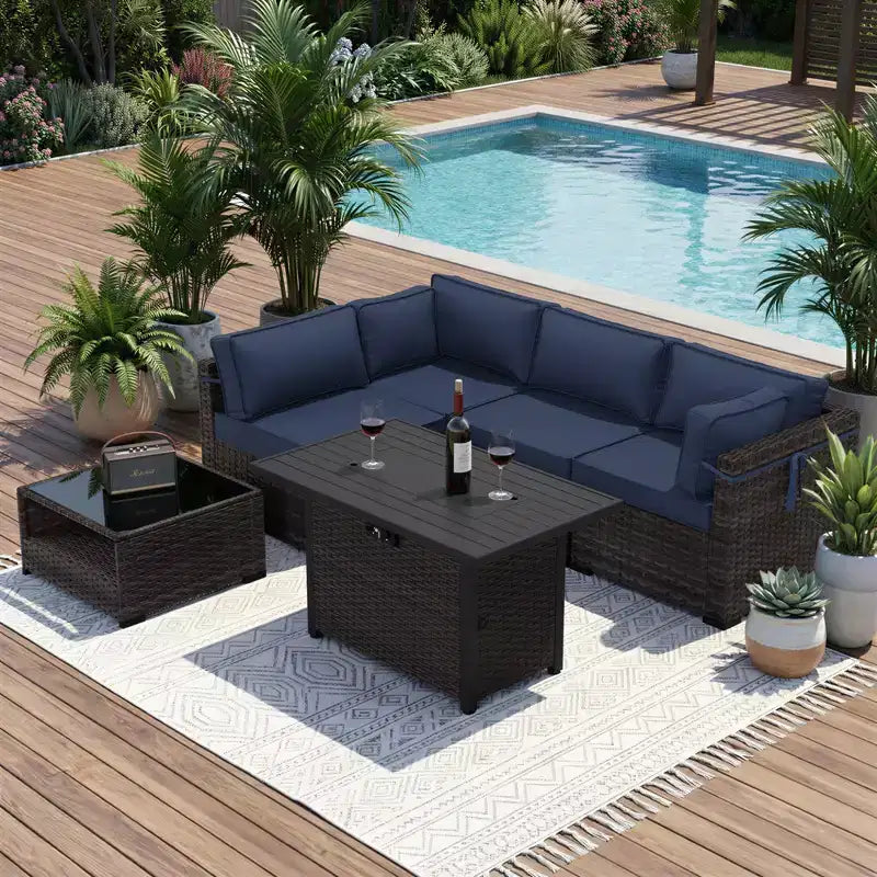 UPTIOT 4-Piece Patio Set: Corner Sofa,Brown Fire Pit Table & Tempered Glass Coffee Table for Ultimate Outdoor Relaxation