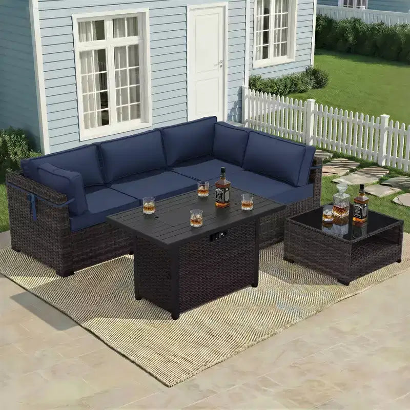 UPTIOT 4-Piece Patio Set: Corner Sofa,Brown Fire Pit Table & Tempered Glass Coffee Table for Ultimate Outdoor Relaxation