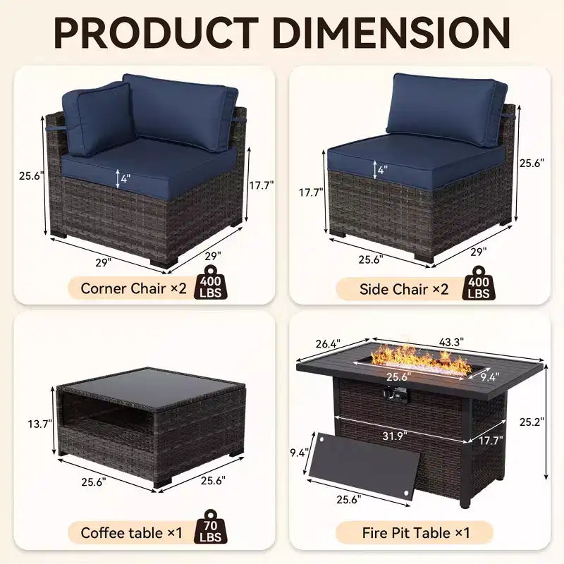 UPTIOT 4-Piece Patio Set: Corner Sofa,Brown Fire Pit Table & Tempered Glass Coffee Table for Ultimate Outdoor Relaxation