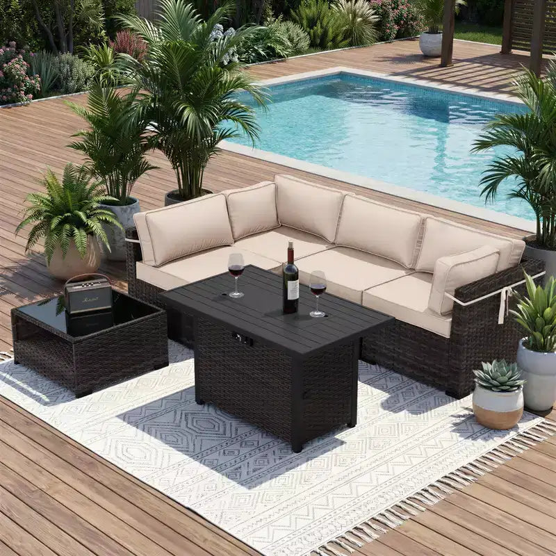 UPTIOT 4-Piece Patio Set: Corner Sofa,Brown Fire Pit Table & Tempered Glass Coffee Table for Ultimate Outdoor Relaxation
