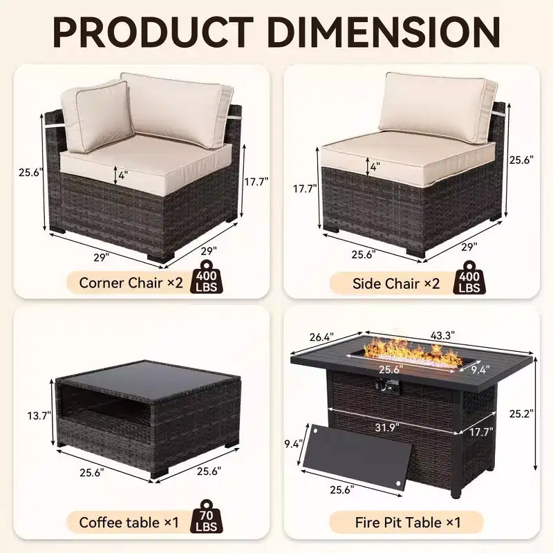 UPTIOT 4-Piece Patio Set: Corner Sofa,Brown Fire Pit Table & Tempered Glass Coffee Table for Ultimate Outdoor Relaxation