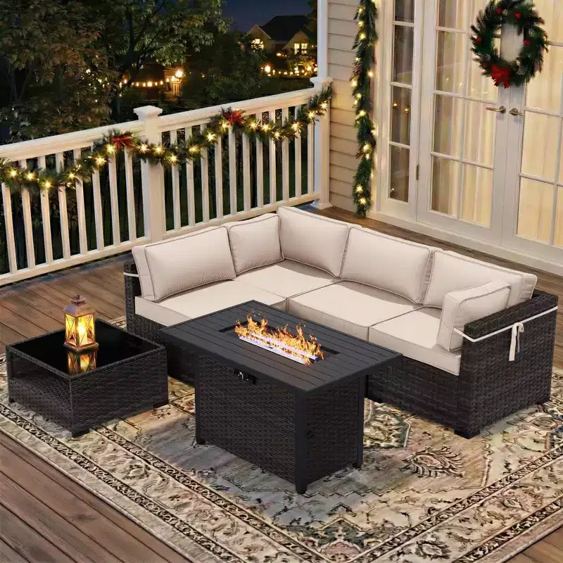 UPTIOT 4-Piece Patio Set: Corner Sofa,Brown Fire Pit Table & Tempered Glass Coffee Table for Ultimate Outdoor Relaxation