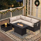 UPTIOT 4-Piece Patio Set: Corner Sofa,Brown Fire Pit Table & Tempered Glass Coffee Table for Ultimate Outdoor Relaxation