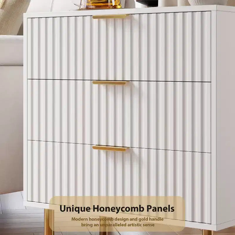Fluted 3-Drawer Wood Dresser, with Golden Handles for Bedroom, White