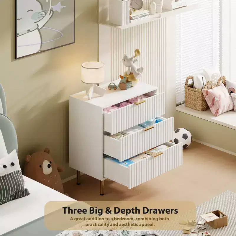 Fluted 3-Drawer Wood Dresser, with Golden Handles for Bedroom, White