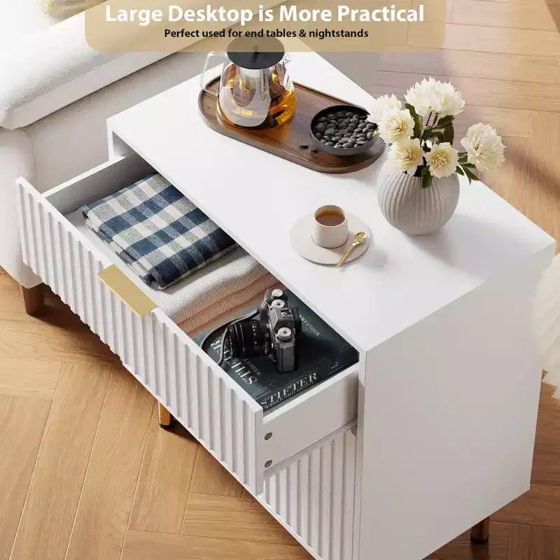 Fluted 3-Drawer Wood Dresser, with Golden Handles for Bedroom, White