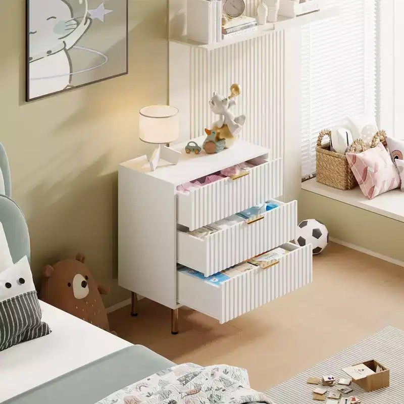 Fluted 3-Drawer Wood Dresser, with Golden Handles for Bedroom, White