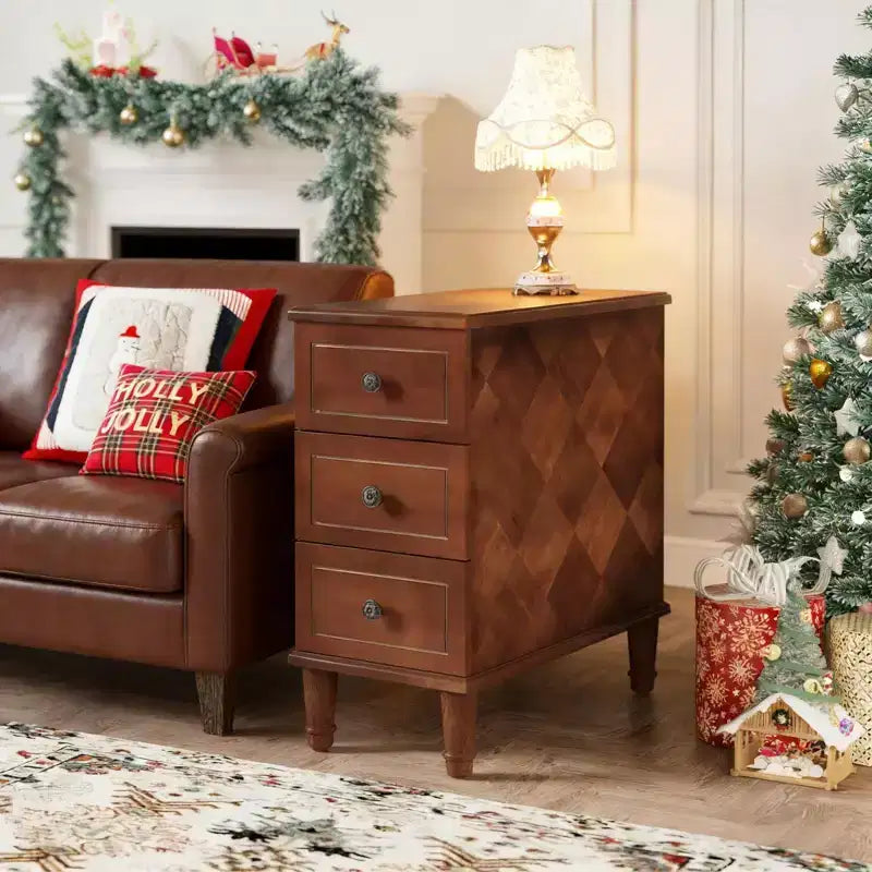 Wood Nightstand, Fully Assembled Narrow Side Table with 3 Drawers