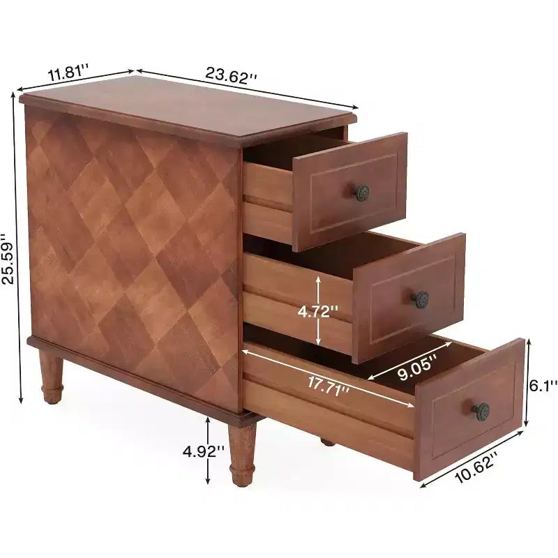Wood Nightstand, Fully Assembled Narrow Side Table with 3 Drawers