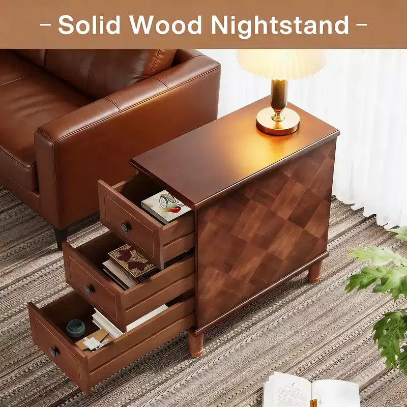 Wood Nightstand, Fully Assembled Narrow Side Table with 3 Drawers