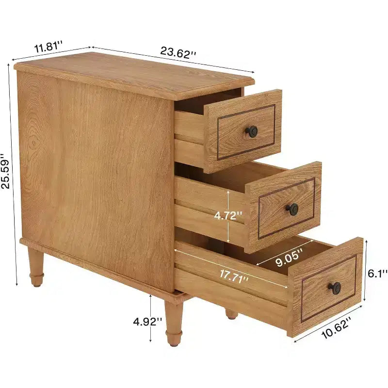 Wood Nightstand, Fully Assembled Narrow Side Table with 3 Drawers