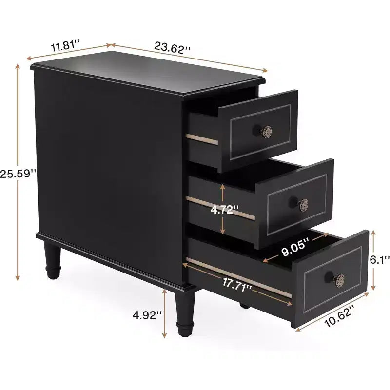 Wood Nightstand, Fully Assembled Narrow Side Table with 3 Drawers