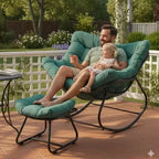 Fauteuil à bascule œuf vert clair avec pouf, chaise longue en osier tout temps et coussins