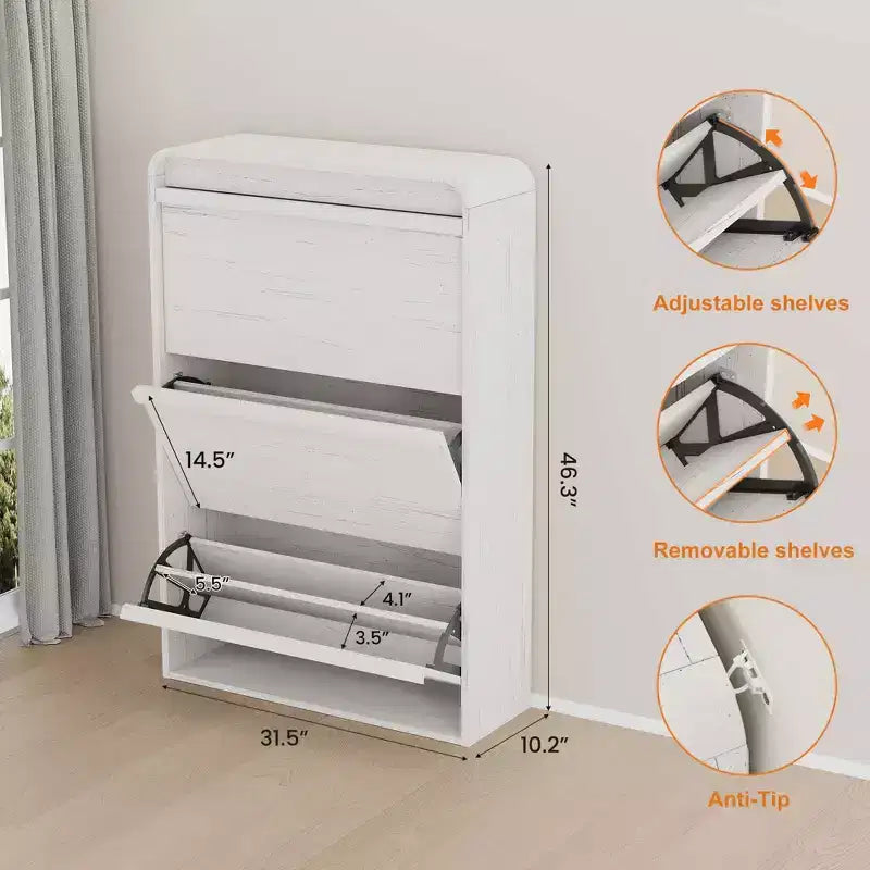 Wooden Shoe Cabinet with 3 Flip Drawers and Adjustable Shelf, Hidden Shoe Storage for Entryway, Hallway, and Living Room