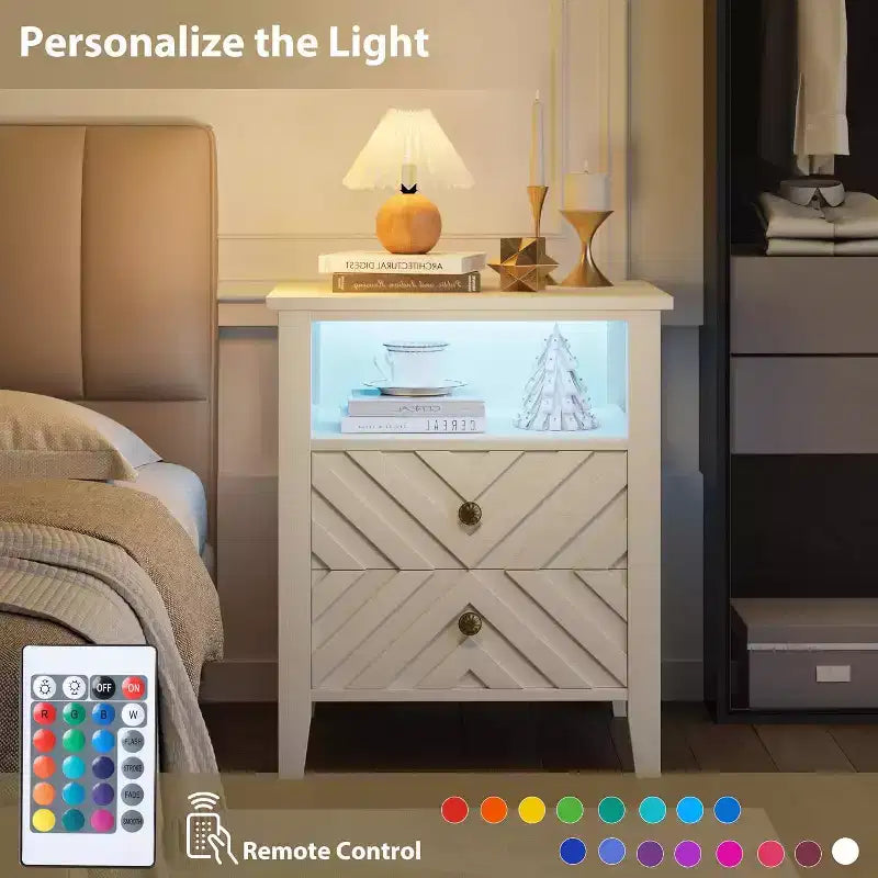 Table de chevet LED avec 2 tiroirs - Table de chevet de style ferme avec design en V pour chambre à coucher